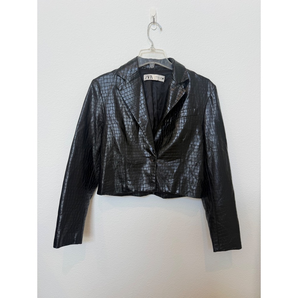 Zara Black Croc Embossed Faux Leather Cropped Blazer Jacket XS